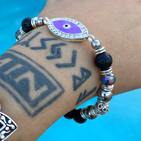 Purple cz evil eye black lava boho bead bracelet - Picture 5 of 14